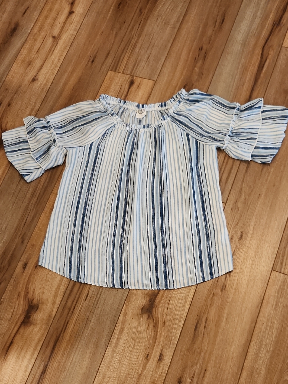 Late August Womens Striped Blue & White Ruffled Blouse Off-Shoulder Size Medium